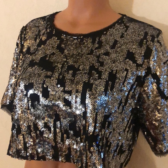 FURY Black Semi Sheer Silver Sequin Crop Top - Picture 4 of 8